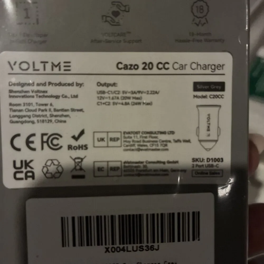 VOLTME Cazo 20CC Fast Car Charger-20W Dual USB-C-New In Box